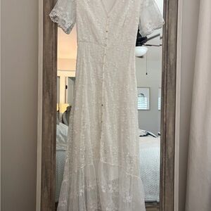 Women’s White Lace Button-Front Maxi Dress
